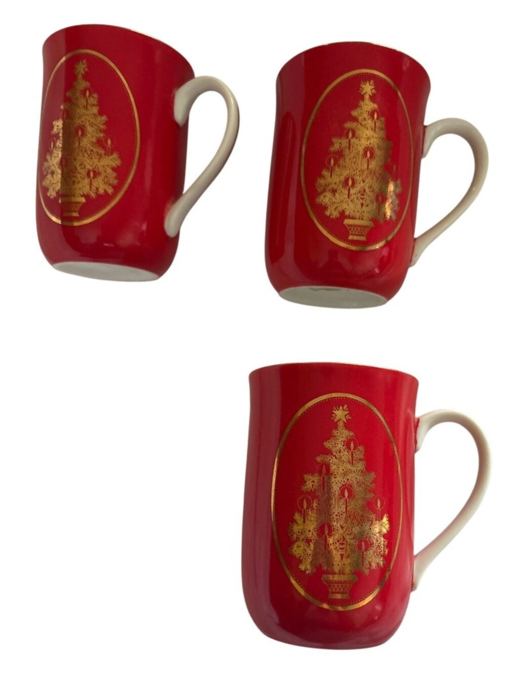 Christmas Mugs Red With Gold Otagirl Holiday Party Tree Set of 3 Made in Japan